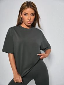 SHEIN PETITE Solid Drop Shoulder Tee & Leggings - Dark Grey - View 5