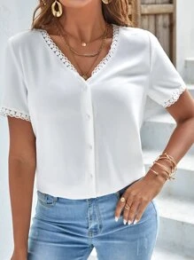 SHEIN Frenchy Lace Trim Button Up Blouse Summer White Elegant - White - View 2