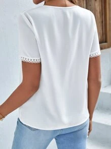 SHEIN Frenchy Lace Trim Button Up Blouse Summer White Elegant - White - View 5