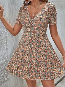 SHEIN Frenchy Floral Print V Neck Dress Summer Flower Beach - Multicolor - View 3