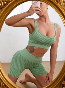 Yoga Trendy 2入組無縫斑馬紋健身瑜伽套裝套裝高彈力上衣收復短褲 - 薄荷綠 - 查看 5