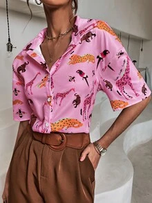 SHEIN LUNE Animal & Letter Print Button Front Shirt - Pink - View 4