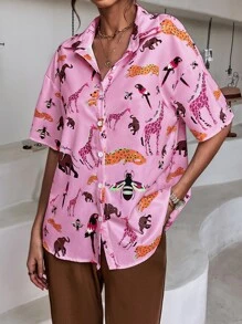 SHEIN LUNE Animal & Letter Print Button Front Shirt - Pink - View 5