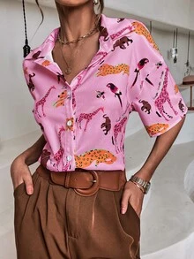 SHEIN LUNE Animal & Letter Print Button Front Shirt - Pink - View 6