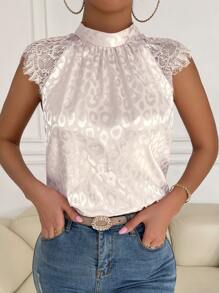 SHEIN Clasi Áo sơ mi nữ Tương phản ren màu trơn Thanh lịch - Màu be - Xem 3