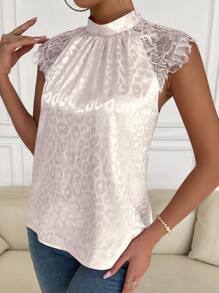 SHEIN Clasi Áo sơ mi nữ Tương phản ren màu trơn Thanh lịch - Màu be - Xem 4