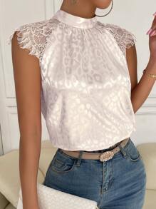 SHEIN Clasi Áo sơ mi nữ Tương phản ren màu trơn Thanh lịch - Màu be - Xem 5