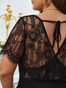 SHEIN Frenchy Plus Eyelash Lace Panel Tie Back Top - Black - View 2