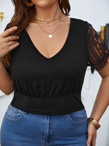 SHEIN Frenchy Plus Eyelash Lace Panel Tie Back Top - Black - View 4