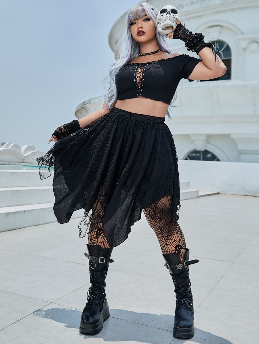 ROMWE PUNK Váy Plus Size Bất đối xứng màu trơn - màu đen - Xem 1