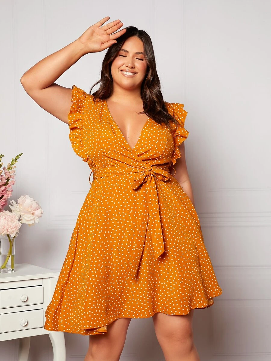 SHEIN Privé Plus Polka Dot Ruffle Trim Belted Dress - Mustard Yellow - View 1