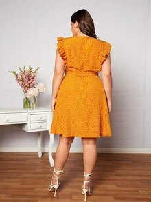 SHEIN Privé Plus Polka Dot Ruffle Trim Belted Dress - Mustard Yellow - View 2