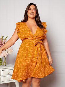 SHEIN Privé Plus Polka Dot Ruffle Trim Belted Dress - Mustard Yellow - View 3