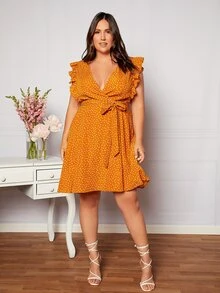 SHEIN Privé Plus Polka Dot Ruffle Trim Belted Dress - Mustard Yellow - View 4