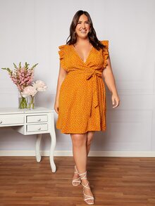 SHEIN Privé Plus Polka Dot Ruffle Trim Belted Dress - Mustard Yellow - View 5