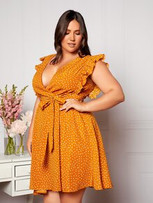 SHEIN Privé Plus Polka Dot Ruffle Trim Belted Dress - Mustard Yellow - View 6