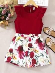 SHEIN 女孩荷葉邊襯衫和印花前蝴蝶結短褲 - 紅白色 - 查看 1