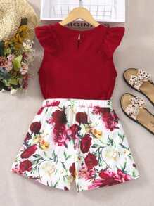 SHEIN 女孩荷葉邊襯衫和印花前蝴蝶結短褲 - 紅白色 - 查看 2