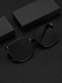1 Pair Unisex Black Fashion Sunglasses, Large Frame Style, Casual Korean Fashion, Street Style, Rivet Decor, Comes With Lanyard, Cleaning Cloth, Metal Hinges, Durable And Classic Retro Design, Suitable For Travel And Commuting, All Seasons, Especially Suitable For Summer Beach Vacation, Outdoor Activities And Travel. - Black - View 2