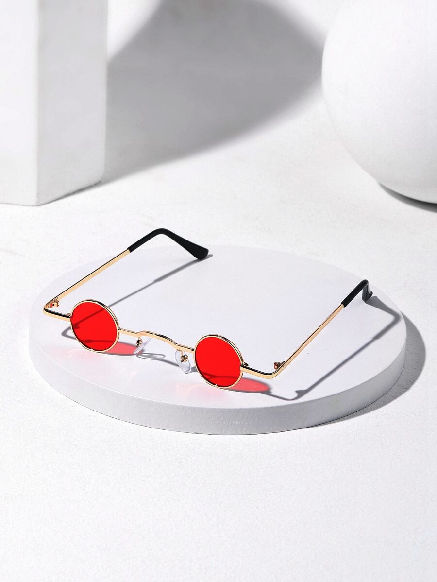 1pc Metal Mini Round Mirror, Quirky Niche Prop, Retro Fashion Glasses Suitable For Travel, Photo-Taking, Social Media Live, Personalized Decoration, Costume Party, Music Festival For Summer Beach Vacation,Outdoor,Travel - Red - View 1