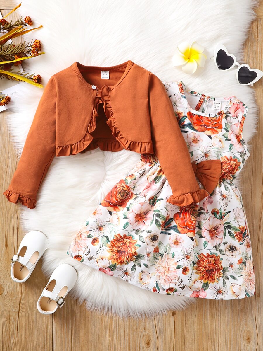 SHEIN Young Girl Ruffle Trim Top & Allover Floral Print Bow Front Dress - Multicolor - View 1