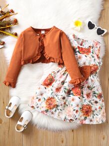 SHEIN Young Girl Ruffle Trim Top & Allover Floral Print Bow Front Dress - Multicolor - View 3