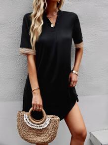 SHEIN LUNE 蕾絲拼接缺口領直筒洋裝 - 黑色 - 查看 6