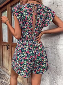 Allover Floral Butterfly Sleeve Romper - Multicolor - View 4