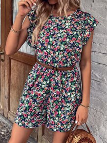 Allover Floral Butterfly Sleeve Romper - Multicolor - View 6