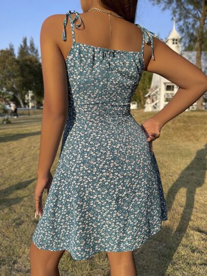 Ditsy Floral Ruched Bust Cami Dress Vacation Beach Outfits Women