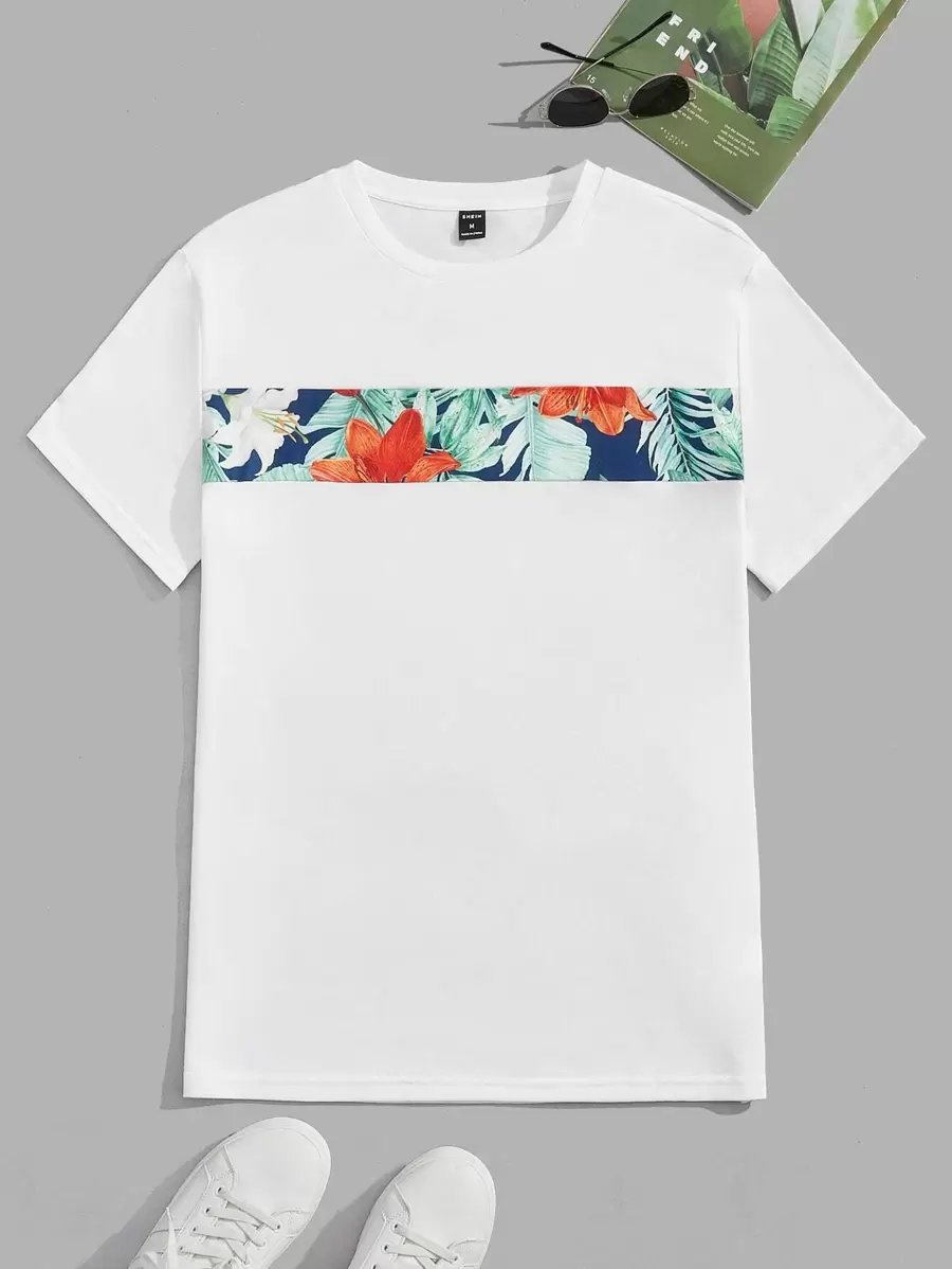 Manfinity VCAY Men T-Shirts Fit Crew Neck Short Sleeve Graphic Tee Floral Casual, Summer - White - View 1