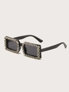 1pc Rhinestone Decorated Square Frame Fashion Glasses For Women - Black - View 3