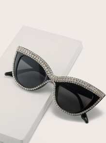 Oversized Cat-Eye Rhinestone Embellished Fashion Glasses For Summer Beach Vacation,Outdoor,Travel