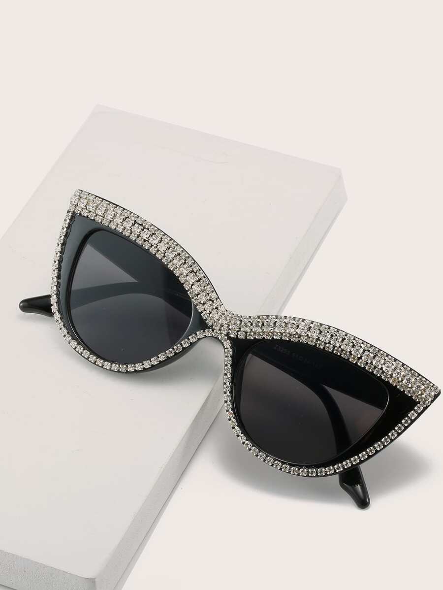 Oversized Cat-Eye Rhinestone Embellished Fashion Glasses For Summer Beach Vacation,Outdoor,Travel