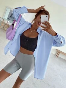 GENKIRA Áo sơ mi cài nút chắc chắn cho trang phục đi nghỉ Áo sơ mi cài nút cho nữ - Màu xanh nhạt - Xem 1