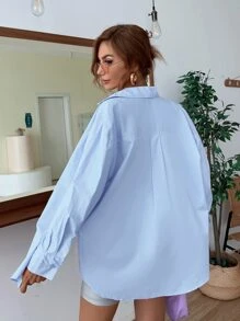 GENKIRA Áo sơ mi cài nút chắc chắn cho trang phục đi nghỉ Áo sơ mi cài nút cho nữ - Màu xanh nhạt - Xem 2