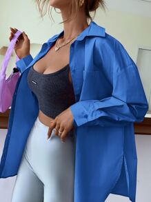 GENKIRA Camisa unicolor con botón - azul real - Ver 3