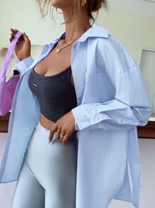 GENKIRA Áo sơ mi cài nút chắc chắn cho trang phục đi nghỉ Áo sơ mi cài nút cho nữ - Màu xanh nhạt - Xem 3