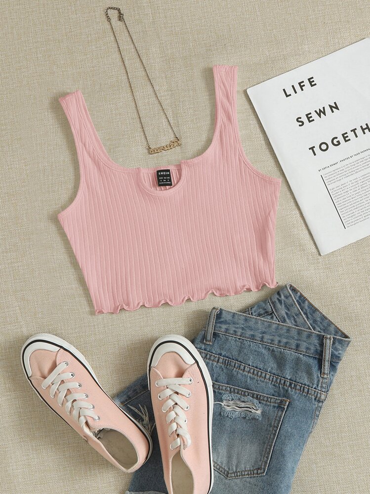 SHEIN EZwear Top tank corto tejido de canalé de cuello V - Rosa Pálido - Añade 1