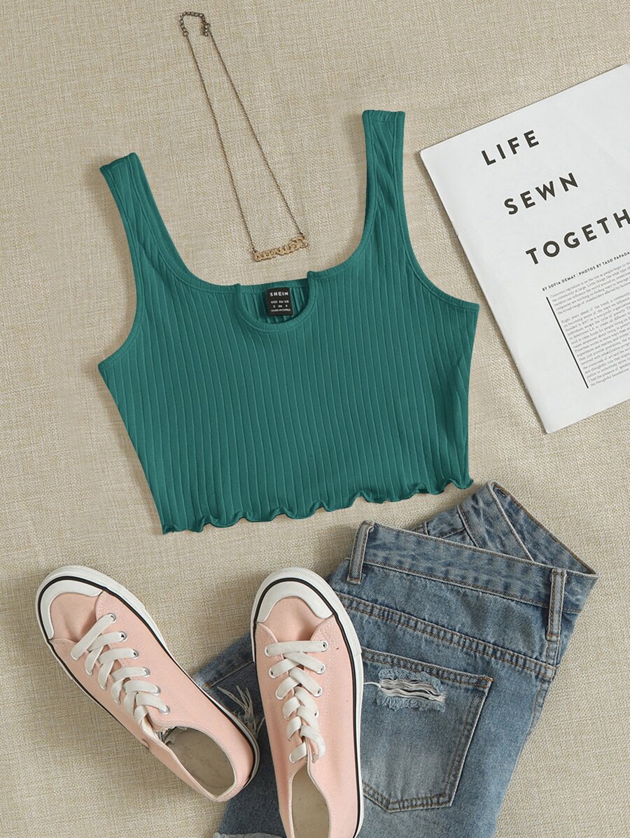 Muchica Notch Neck Lettuce Edge Rib-knit Tank Top - Dark Green - View 1