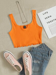 SHEIN EZwear Notch Neck Lettuce Edge Rib-knit Tank Top - Orange - View 1