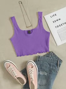 SHEIN EZwear Notch Neck Lettuce Edge Rib-knit Tank Top - Violet Purple - View 1
