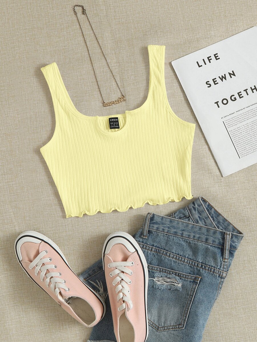 Muchica Notch Neck Lettuce Edge Rib-knit Tank Top - Yellow - View 1