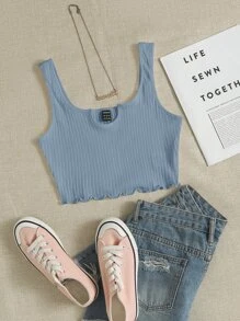 SHEIN EZwear Tank top tejido de canalé ribete en forma de lechuga de cuello V - Neblina azul - Ver 1