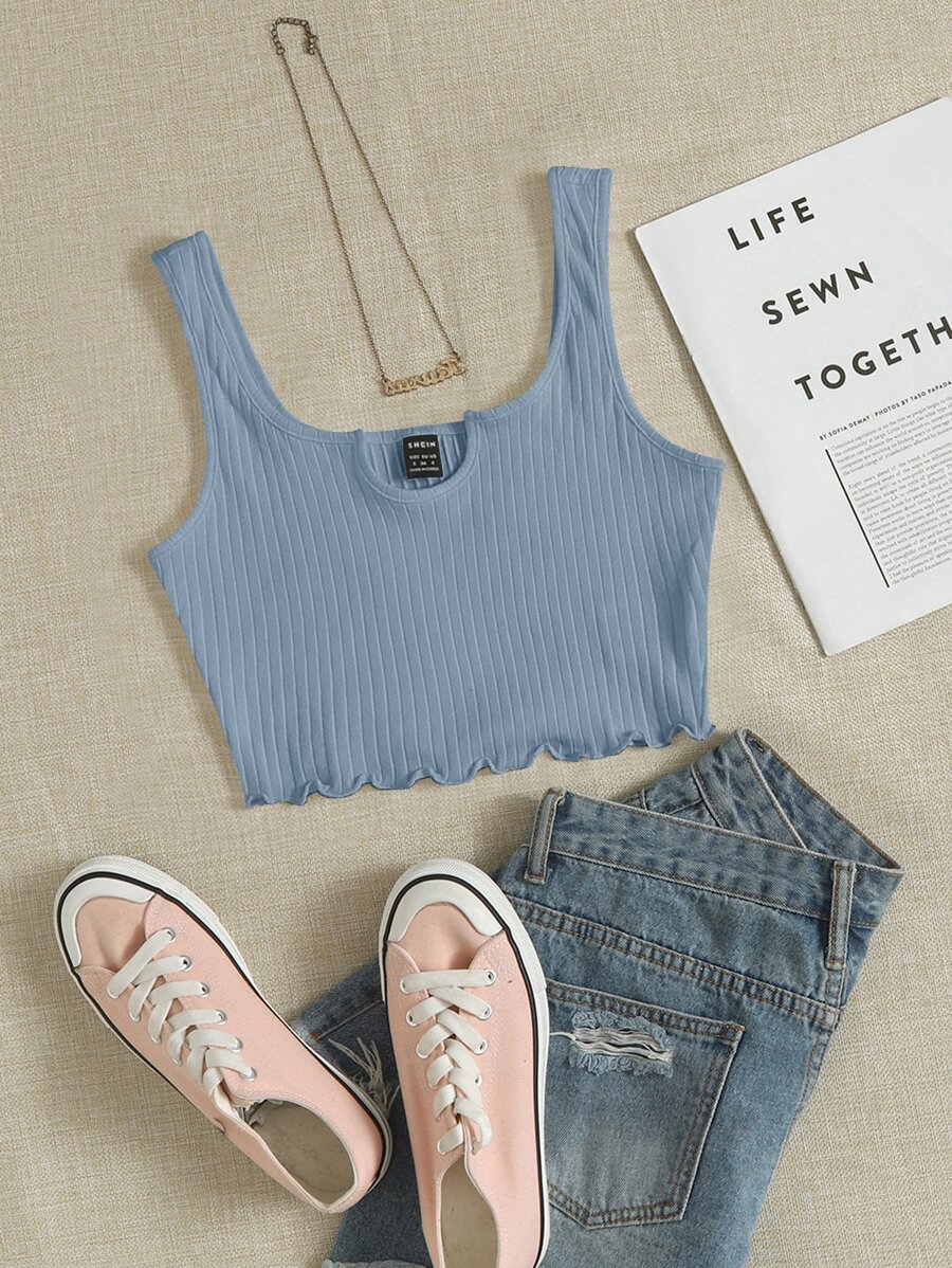 SHEIN EZwear Tank top tejido de canalé ribete en forma de lechuga de cuello V - Neblina azul - Ver 1