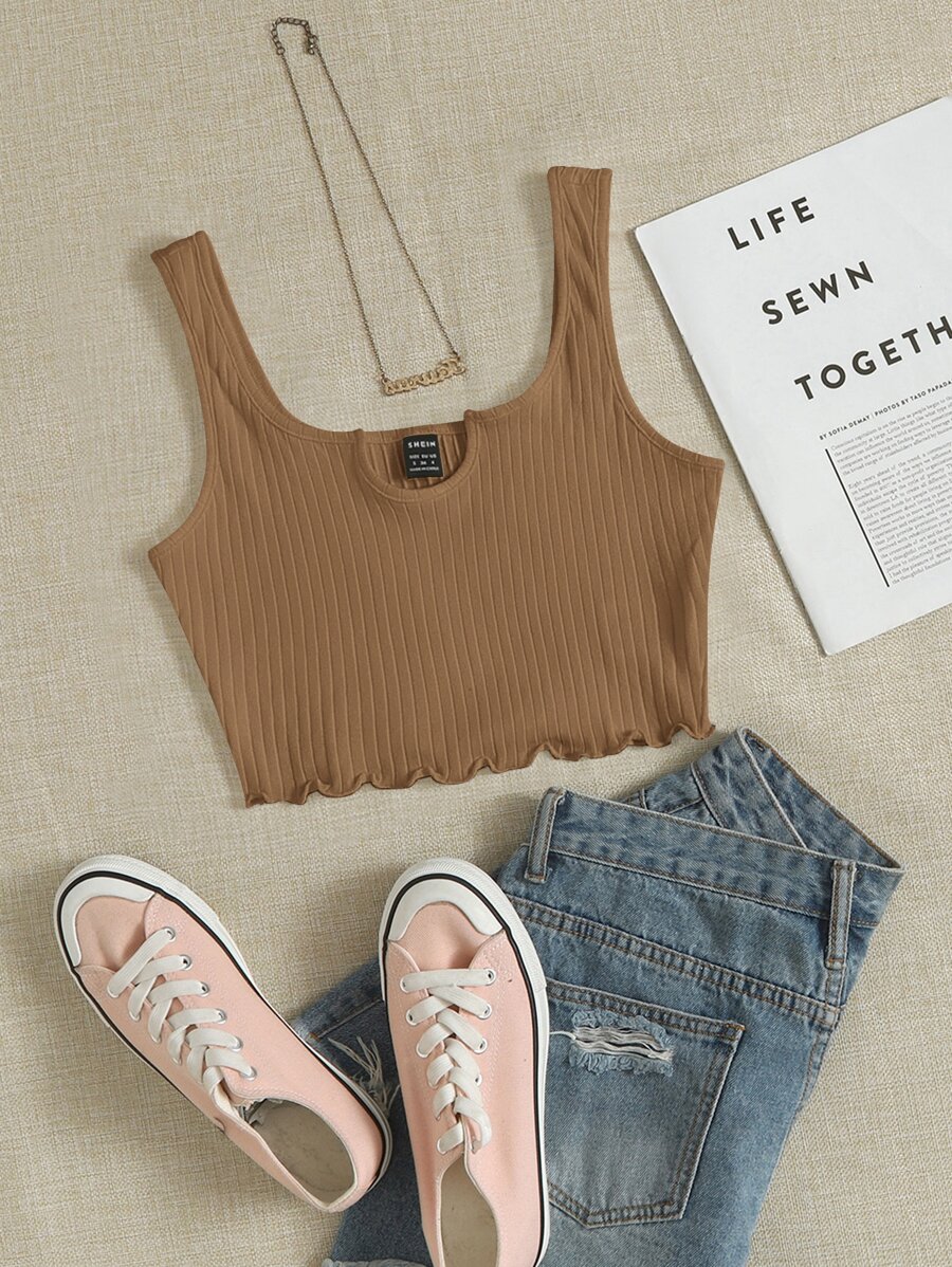 Muchica Notch Neck Lettuce Edge Rib-knit Tank Top - Brown - View 1