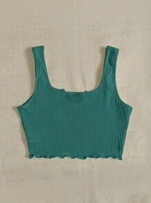 Muchica Notch Neck Lettuce Edge Rib-knit Tank Top - Dark Green - View 2