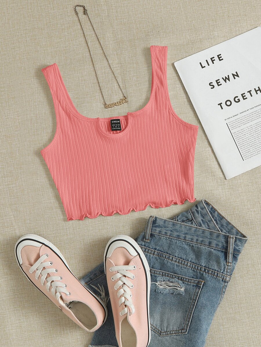 Muchica Áo hai dây Gân đan màu trơn Giải trí - Màu Hồng  San hô - Xem 1