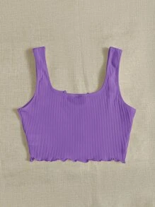 SHEIN EZwear Notch Neck Lettuce Edge Rib-knit Tank Top - Violet Purple - View 2