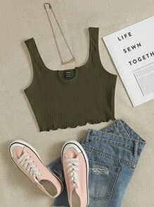Muchica Notched Neck Rib-knit Crop Tank Top - Army Green - View 1
